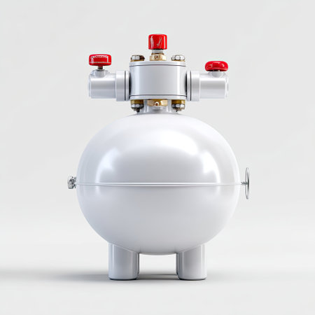 This image showcases a white and metallic pressure vessel equipped with valves and red handles. Ideal for industrial applications and safety discussions.の素材