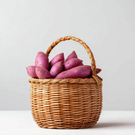 A charming woven basket holds fresh purple sweet potatoes against a clean, minimalist backdrop, ideal for showcasing natural food aesthetics and healthy recipes.の素材