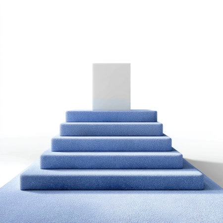 A serene minimalist setting featuring blue steps that rise toward a white square pedestal. The bright studio environment emphasizes simplicity and elegance, making it ideal for creative showcases and artistic presentations.の素材