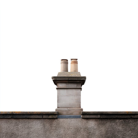 A detailed view of a gray stone chimney featuring two pipes, set against a white background, highlighting architectural design in an urban environment.の素材