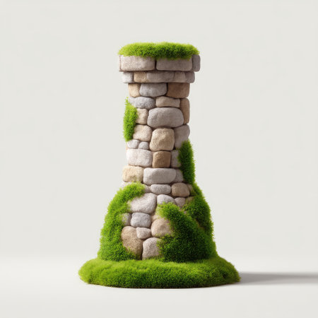This striking image features a moss-covered stone tower standing on a soft green base, perfect for nature-themed designs or landscaping concepts.の素材