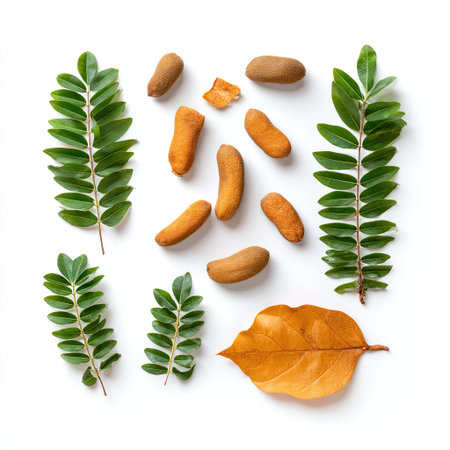 An artistic display of vibrant green leaves and smooth brown pods on a clean white surface, perfect for nature-inspired designs and eco-friendly themes.の素材