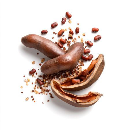 Discover the unique charm of tamarind fruit, showcasing its pods, seeds, and rich brown color, perfect for culinary applications in diverse cuisines.の素材