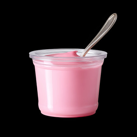 A vibrant pink cream is showcased in a clear plastic container with a spoon resting on the edge. Ideal for culinary or beauty applications, this image highlights smooth texture and rich color against a sleek black background.の素材