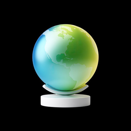 This vibrant abstract globe design features blue and green shades, elegantly displayed on a minimalist stand, symbolizing global interconnectedness and environmental awareness.の素材