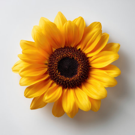 A stunning sunflower showcasing bright yellow petals and a rich brown center, arranged on a soft white background, symbolizing warmth and positivity.の素材