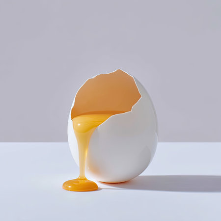 This image showcases a broken egg with its vibrant yellow yolk flowing onto a pristine white surface, embodying the essence of modern minimalism and freshness.の素材