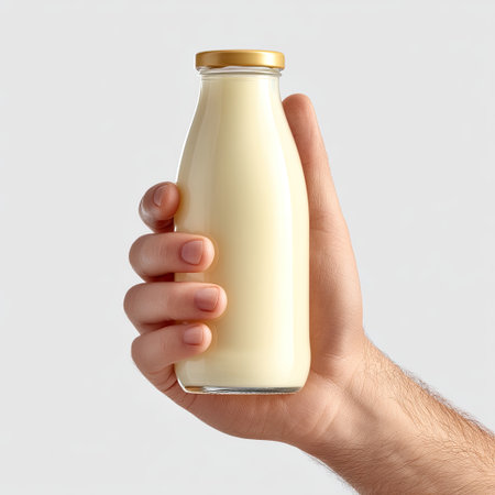 A hand holds a clear glass bottle filled with fresh milk, capturing the essence of healthy living, nutrition, and simplicity against a bright backdrop.の素材