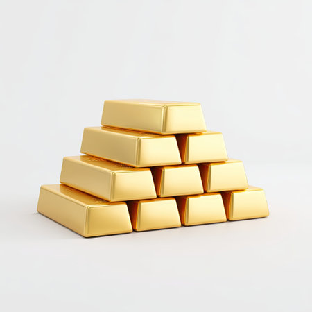 This image showcases a pyramid stack of shiny gold bars, symbolizing wealth and luxury. The minimalistic background enhances the elegance and appeal of the precious metals.の素材