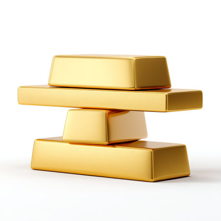 This image features three elegant gold bars artfully stacked, representing wealth and investment. The clean background enhances the focus on the shiny gold, embodying luxury and prosperity. Perfect for financial concepts.の素材