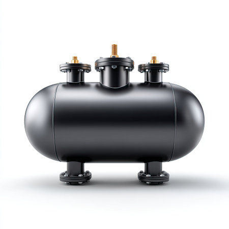 A sleek black pressure vessel designed for industrial applications, featuring robust connectors and valves for efficient water and air storage solutions.の素材