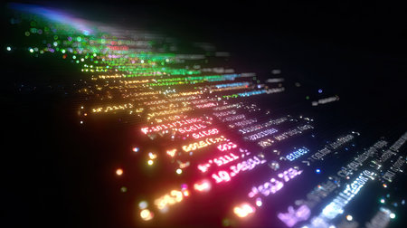 An imaginative representation of colorful data streams flowing through a digital space, showcasing a blend of binary code and glowing lights.の素材