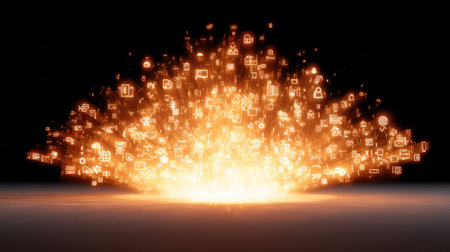 A striking image of an explosion of colorful digital icons representing various aspects of technology and communication against a dark background, symbolizing innovation.の素材