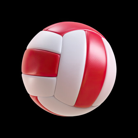 This image features a colorful volleyball on a black background, showcasing its vibrant red and white colors, round shape, and detailed texture. Perfect for sports-related themes.の素材