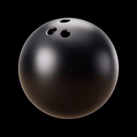 High-quality image of a black bowling ball featuring three finger holes, set against a black background, perfect for promoting bowling sports activities.の素材