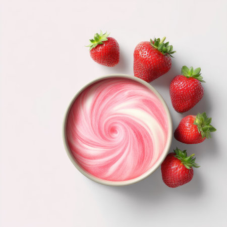 A delightful bowl features a creamy pink dessert with a swirl pattern, surrounded by fresh strawberries, perfect for summer enjoyment and elegant presentation.の素材
