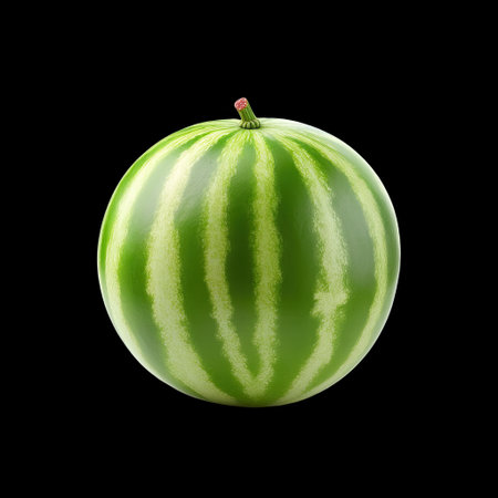 This image features a fresh, ripe watermelon with striking green stripes on a black background, ideal for highlighting summer fruits and healthy eating concepts.の素材