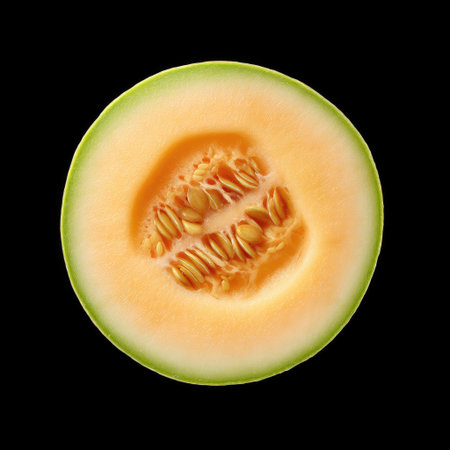 A visually appealing slice of cantaloupe reveals its succulent orange flesh and unique seed structure against a stark black background. Perfect for culinary displays.の素材