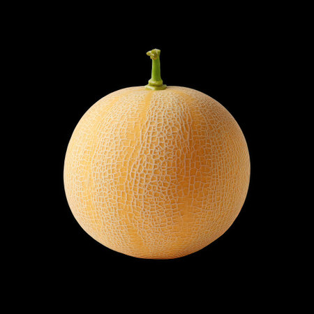 A vibrant orange melon displayed against a black background highlights its unique texture and color, perfect for culinary projects, food photography, and design work.の素材