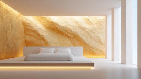 A stylish modern bedroom showcasing a minimalist design with a stunning yellow accent wall, sleek furniture, and an abundance of natural light for a serene atmosphere.の素材