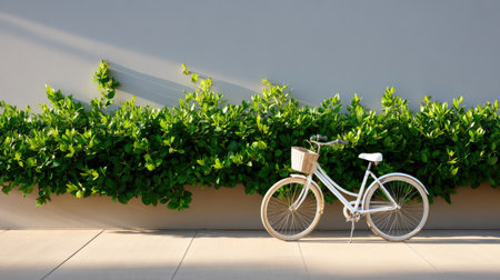 A beautiful white bicycle leans gracefully against a smooth gray wall, complemented by vibrant green foliage, evoking a sense of calm and simplicity.の素材