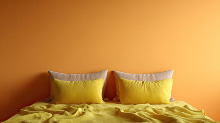 This inviting bedroom features a vibrant orange wall and soft yellow pillows, creating a cheerful and cozy atmosphere perfect for relaxation.の素材