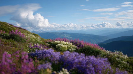 A stunning view of a vibrant wildflower meadow set against a backdrop of majestic mountains and a clear blue sky, creating a peaceful nature scene.の素材
