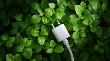 A white power plug sits atop vibrant green leaves, symbolizing the union of technology and nature in sustainable energy solutions, inspiring eco-conscious innovation.の素材