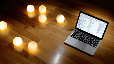 A modern laptop rests on a wooden floor, surrounded by glowing spheres in a dark setting. This serene workspace setup invites creativity and focus.の素材
