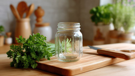 A serene kitchen scene featuring a fresh bunch of herbs and an empty glass jar on a wooden cutting board, evoking a sense of homely cooking and simple pleasures.の素材