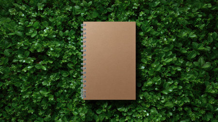 A brown notepad placed on vibrant green leaves creates a serene scene. Perfect for design projects or as a backdrop for creative illustrations.の素材
