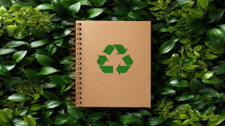 An eco-friendly notebook featuring a recycle symbol rests among lush green leaves, promoting sustainability and an outdoor-inspired lifestyle. Perfect for creative planning!の素材