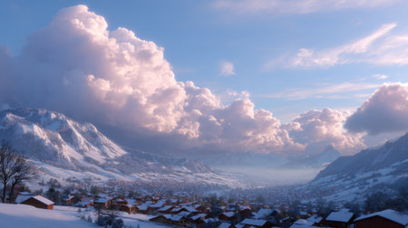 A breathtaking winter landscape showcasing snow-covered mountains under a dramatic cloud-filled sky at twilight. The peaceful valley invites exploration and tranquility.の素材