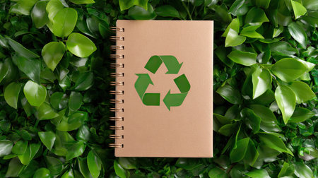 This eco-friendly notebook rests on a bed of vibrant green leaves, featuring a prominent recycle symbol. It serves as an excellent representation of sustainable living and environmental consciousness. Perfect for promoting a green lifestyle or educational themes around conservation.の素材