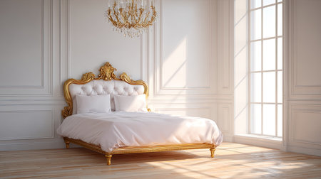This stunning bedroom features a luxurious golden bed and ornate chandelier, illuminated by warm sunlight, creating a cozy and inviting atmosphere.の素材
