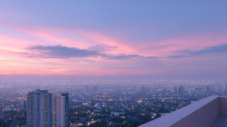 Captivating aerial view of a cityscape during sunset, showcasing vibrant colors in the sky and twinkling urban lights. A serene evening setting.の素材