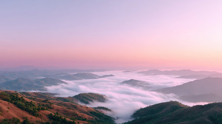 A stunning view of a misty landscape at dawn, featuring rolling hills enveloped in fog and colorful skies. Perfect for portraying tranquility and nature.の素材