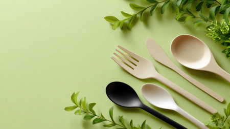 This image features a creative arrangement of natural wooden cutlery on a soft green background, complemented by touches of fresh greenery. Perfect for promoting eco-friendly dining themes!の素材