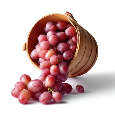 A wooden basket overflowing with fresh red grapes creates a vibrant scene on a white background. Ideal for health and nutrition themes.の素材