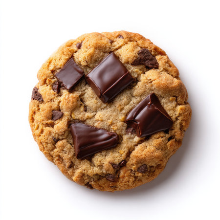 A freshly baked chocolate chip cookie with rich melted chocolate pieces, perfect for dessert lovers. Ideal for showcasing delicious treats in a simple, clean style.の素材