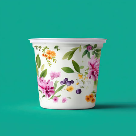 A charming decorative flower pot featuring vibrant floral patterns against a bright turquoise background, perfect for home decor or gardening enthusiasts.の素材