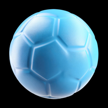 A vibrant soft blue soccer ball showcased against a sleek black background, highlighting its unique textured surface ideal for sports and play themes.の素材