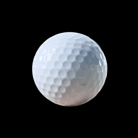 A glossy white golf ball set against a stark black background, showcasing detailed dimples and shadow effects, perfect for sports-themed projects.の素材