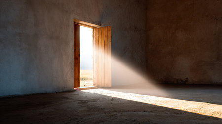 A serene scene featuring sunlight streaming through an open doorway in an empty room, inviting a sense of warmth and tranquility into the space.の素材