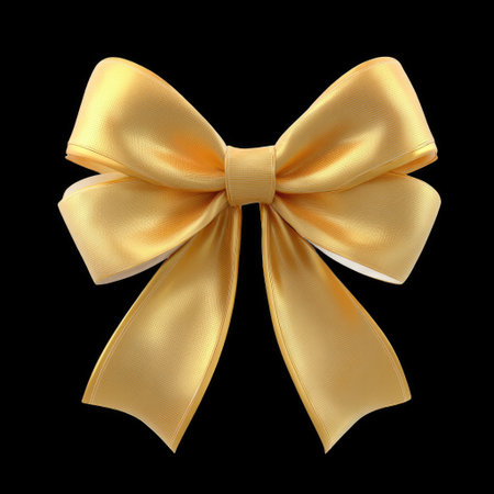 This stunning golden ribbon bow stands out against a dark background, perfect for gift wrapping, crafting, or party decorations. Its elegant design adds a touch of sophistication and joy to any occasion.の素材