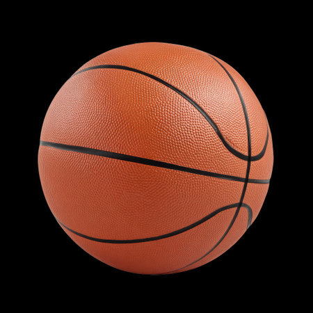 A close-up image of a realistic orange basketball featuring intricate texture and black lines, set against a solid black background, perfect for sports-themed projects.の素材
