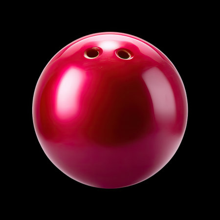 A vibrant glossy red bowling ball sits isolated against a sleek black background, embodying the excitement and energy of bowling as a popular sport.の素材