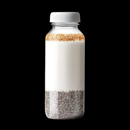 A visually appealing image of fresh milk layered with chia and sesame seeds in a transparent bottle. Perfect for health and wellness themes.の素材