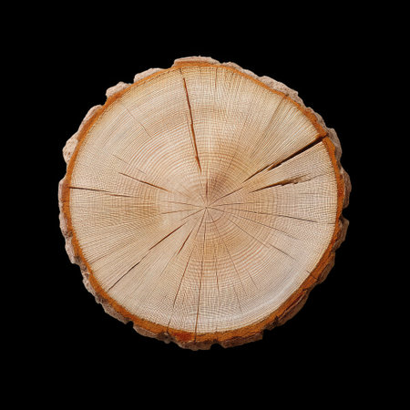 A detailed close-up image of a wooden tree ring showcasing its natural texture and organic patterns on a black background, perfect for design projects.の素材