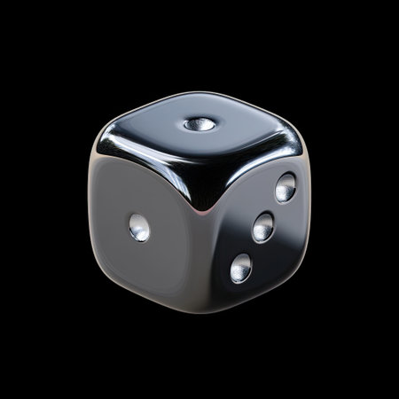 A striking close-up of a shiny metallic die on a black background, highlighting its reflective surface and unique design for gaming enthusiasts and artists.の素材